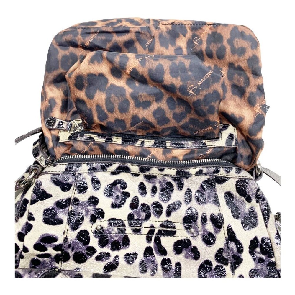 B. Makowsky Shiny Leopard Print Genuine Leather Satchel Handbag Purse - Picture 13 of 16
